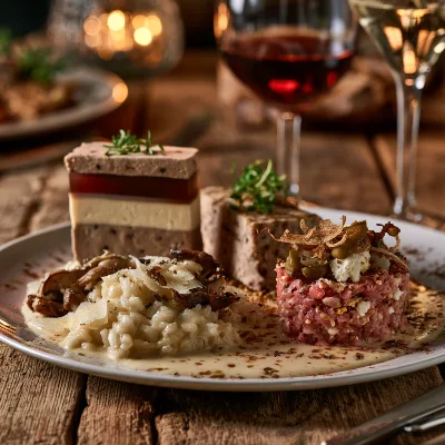 Voorbeeld van Champignonpuree met champignongelei en madeira-sherryroom en champignonrisotto en tartaar van kalf