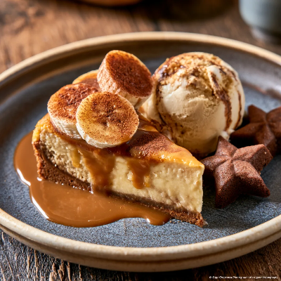 Voorbeeld van Cheese cake van banaan met toffee saus en steranijs-ijs