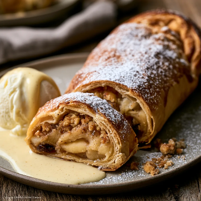 Voorbeeld van Appelstrudel met vanille-ijs en vanille-saus