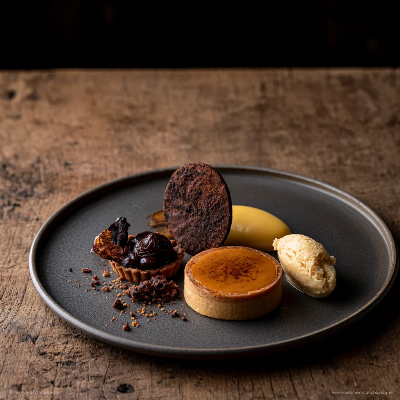 Voorbeeld van Karamel taart, chocolade koekjes, pruimentartaar en gele room