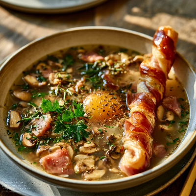 Voorbeeld van Lamsbouillon met paddestoelen en een soepstengel met parma ham