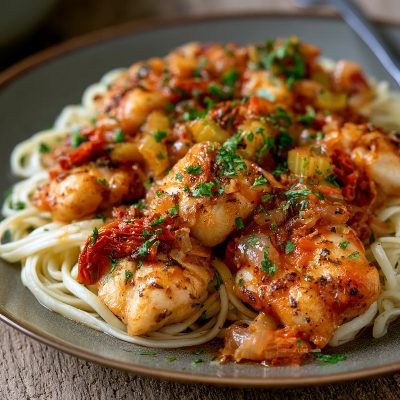 Voorbeeld van Zeeduivel met groenten en verse pasta