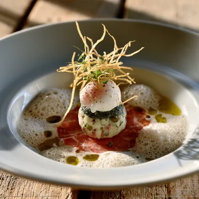 Voorbeeld van Serranoham met een gepocheerd kwarteleitje, aardappelsalade, spinaziemousseline en een saus van eekhoorntjesbrood