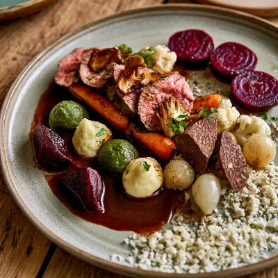 Voorbeeld van Hertenrugfilet met balkenbrij, beukenzwam, twee soorten puree en diverse groentes